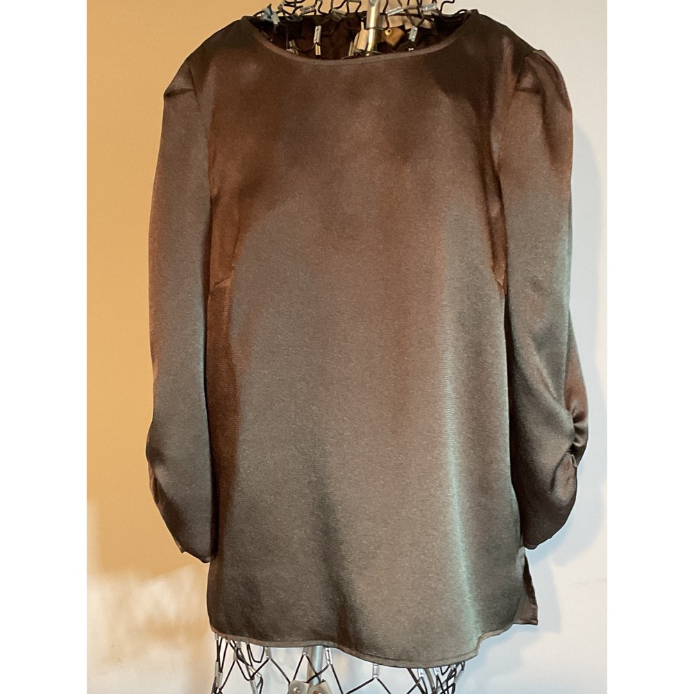 Preston & York Brown Satin Textured Blouse 3/4 Puff Sleeve Top Small RN 58909